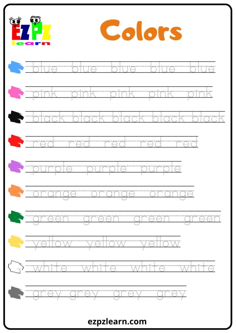 Colors Word Tracing Worksheet Ezpzlearn