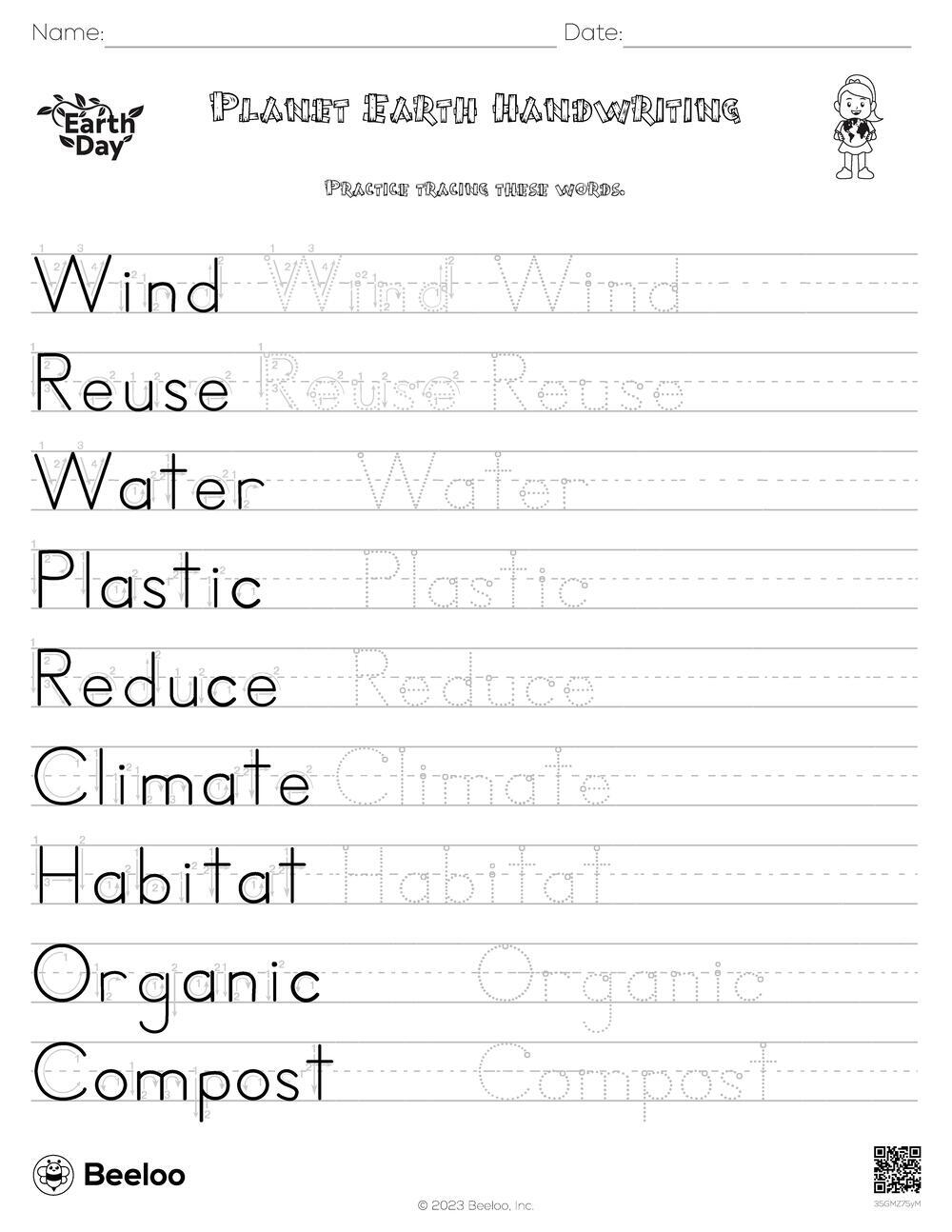 Earth Day themed Word Tracing Worksheets Beeloo Printable Crafts 