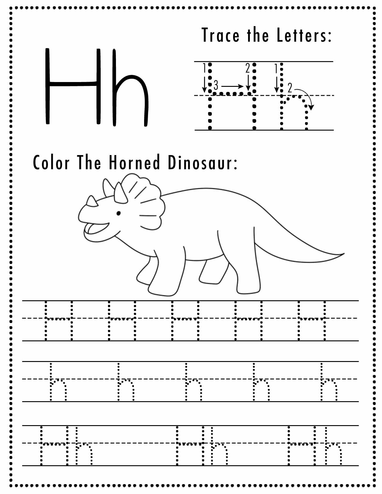 Free Letter H Tracing Worksheet Printable Dinosaur Themed Sly 