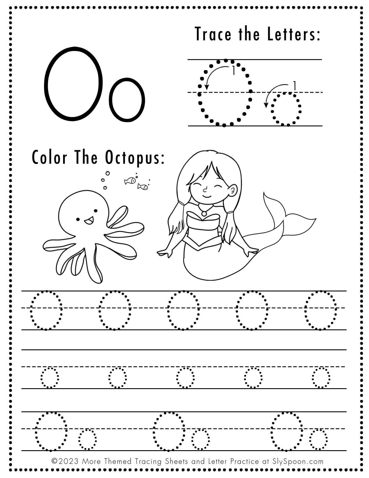 Free Letter O Tracing Worksheet Printable Mermaid Themed Sly Spoon