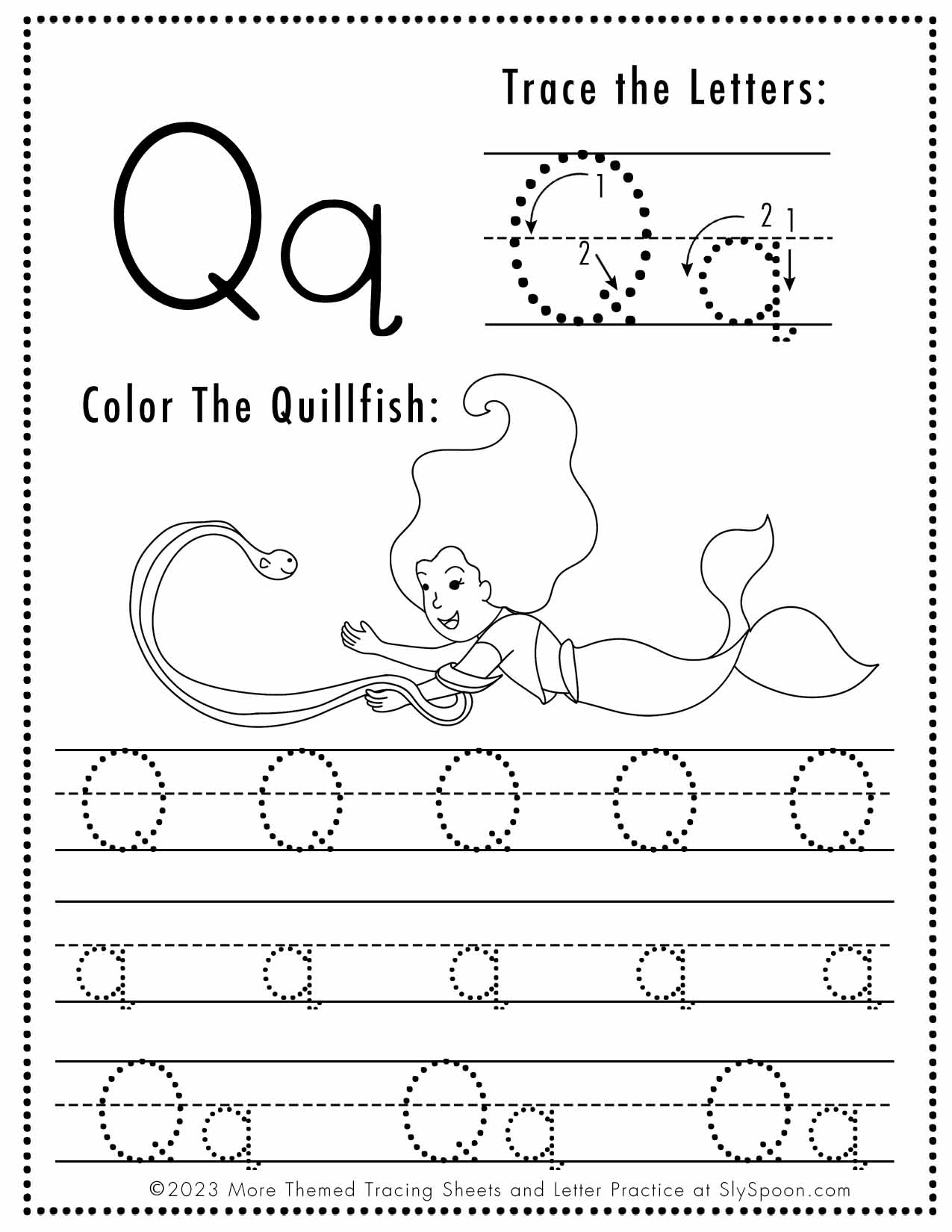 Free Letter Q Tracing Worksheet Printable Mermaid Themed Sly Spoon