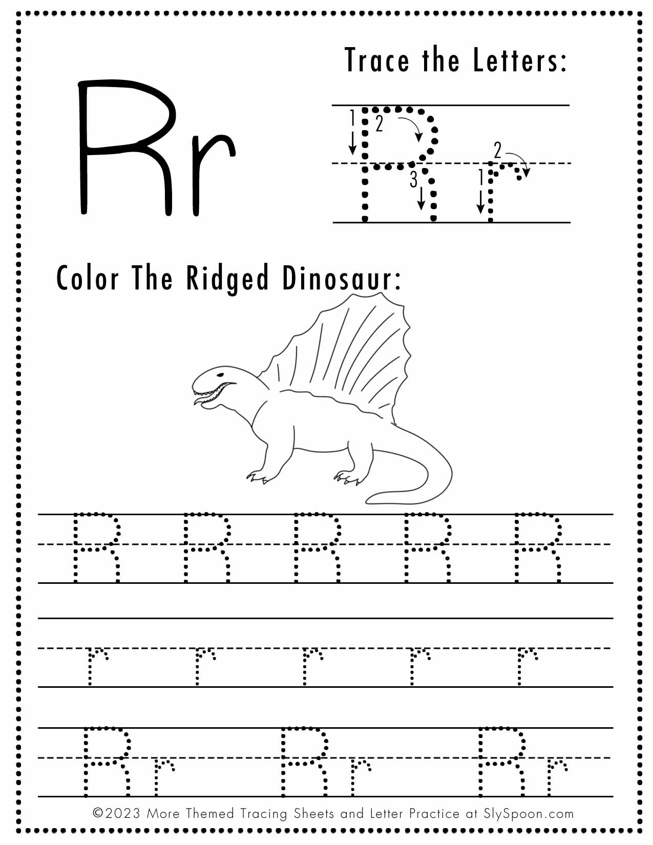Free Letter R Tracing Worksheet Printable Dinosaur Themed Sly 