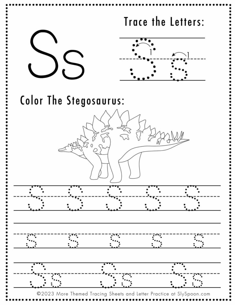 Free Letter S Tracing Worksheet Printable Dinosaur Themed Sly 