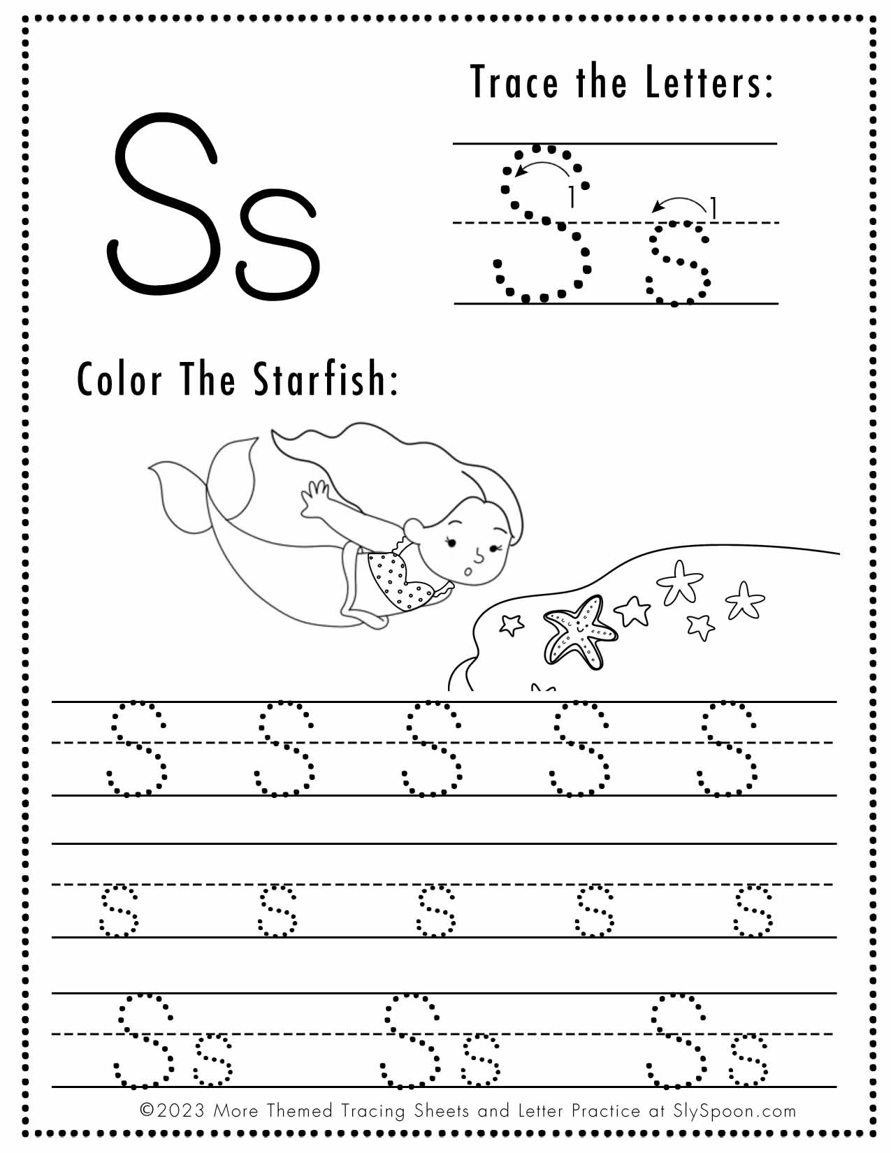 Free Letter S Tracing Worksheet Printable Mermaid Themed Sly Spoon