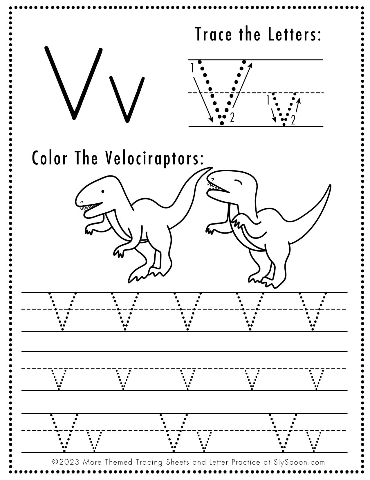 Free Letter V Tracing Worksheet Printable Dinosaur Themed Sly 