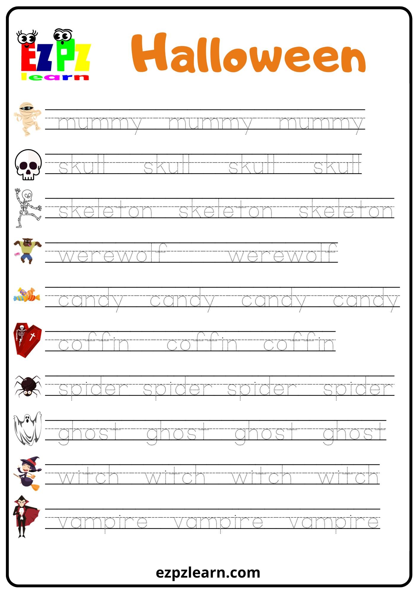 Halloween Word Tracing Worksheet For English Language Learners Kindergarten And Preschool Students Ezpzlearn