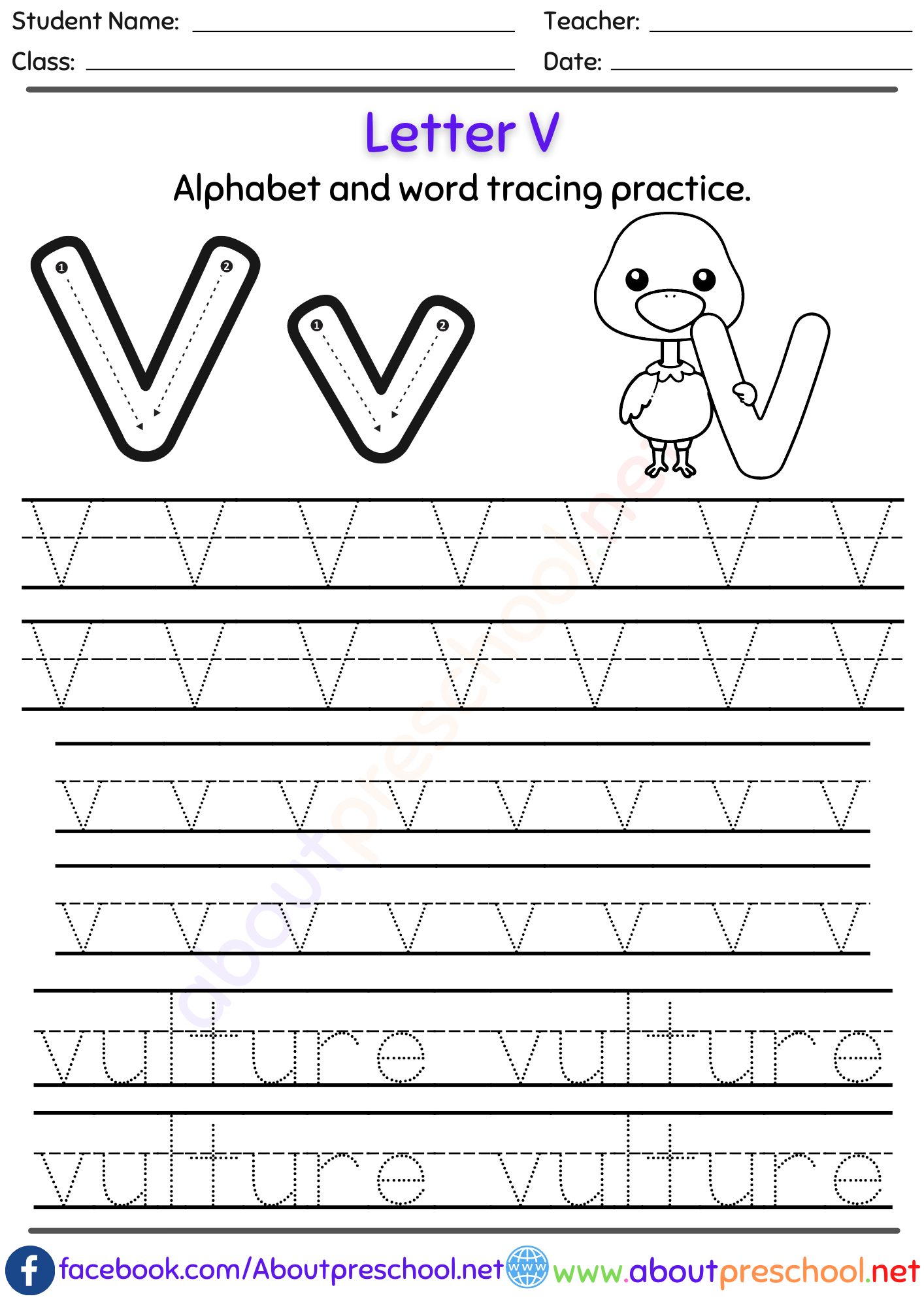 Free Printable Letter V Tracing Worksheets