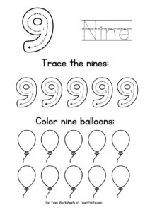Free Printable Number 9 Tracing Worksheets