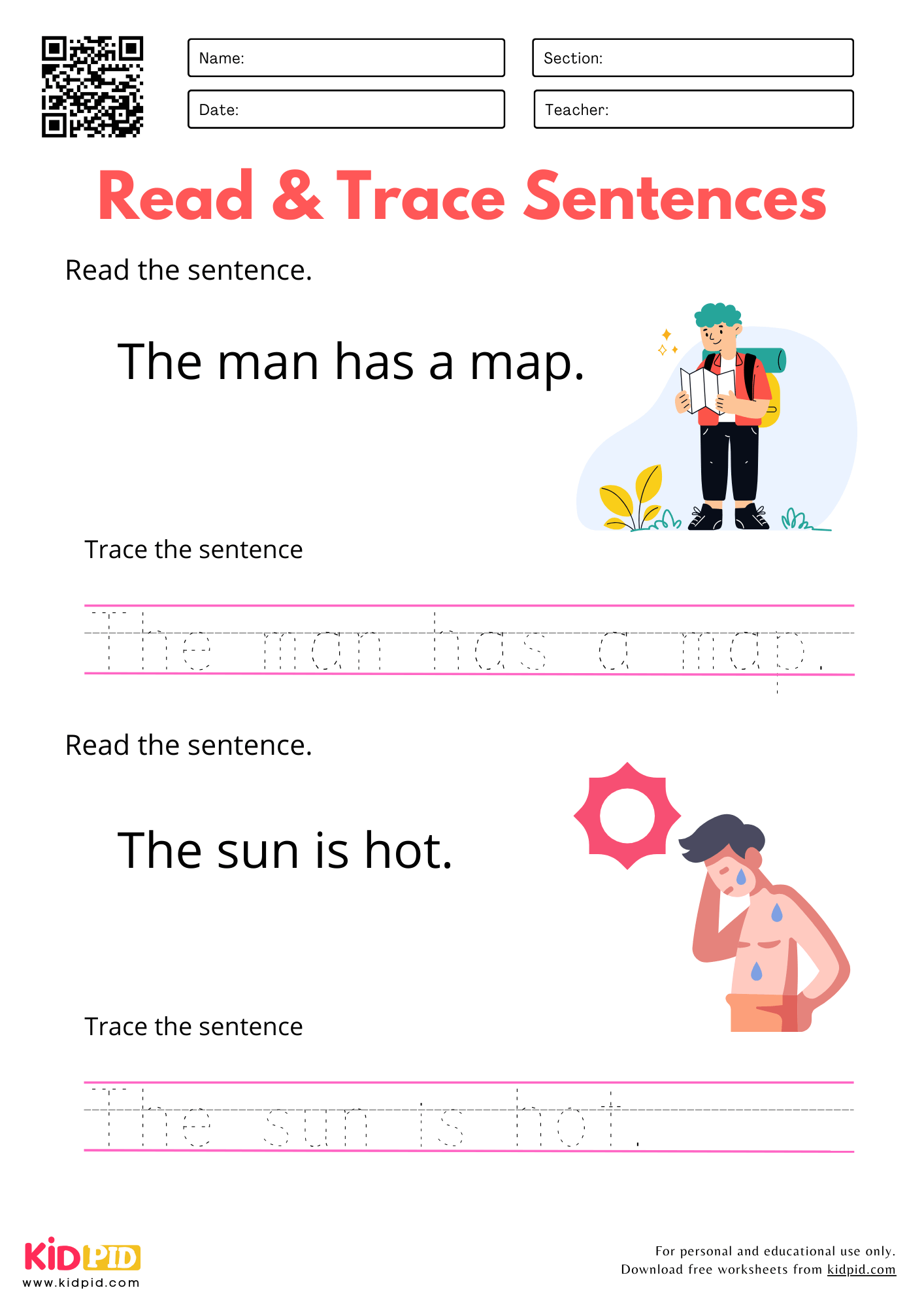 Sentence Tracing Practice Worksheet For Kindergarten Kidpid