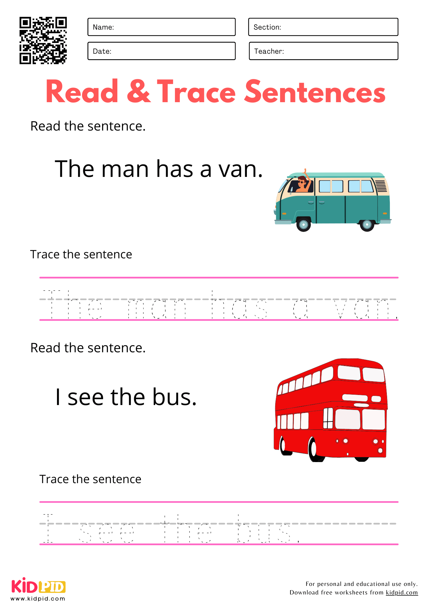 Sentence Tracing Practice Worksheet For Kindergarten Kidpid