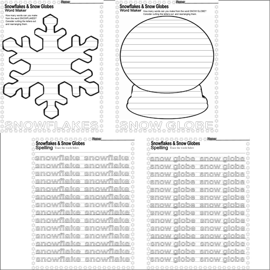 Snowflakes Snow Globes Winter Word Search Spelling Poem Rhyme Worksheets NO PREP