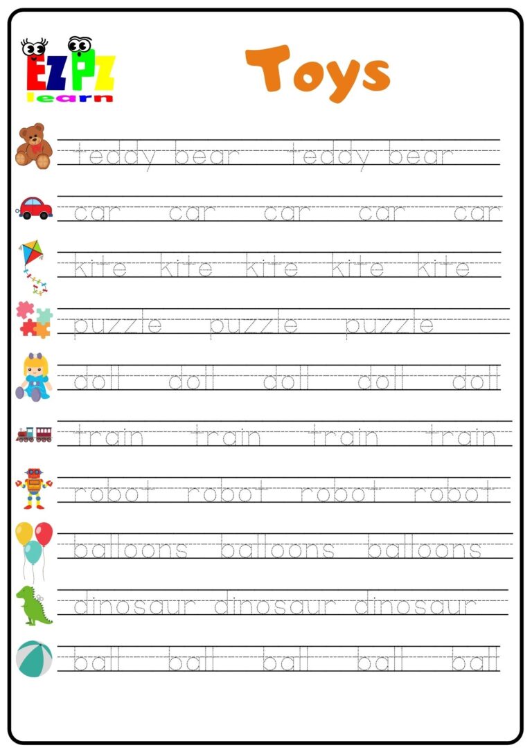 Toys Word Tracing Worksheet Ezpzlearn