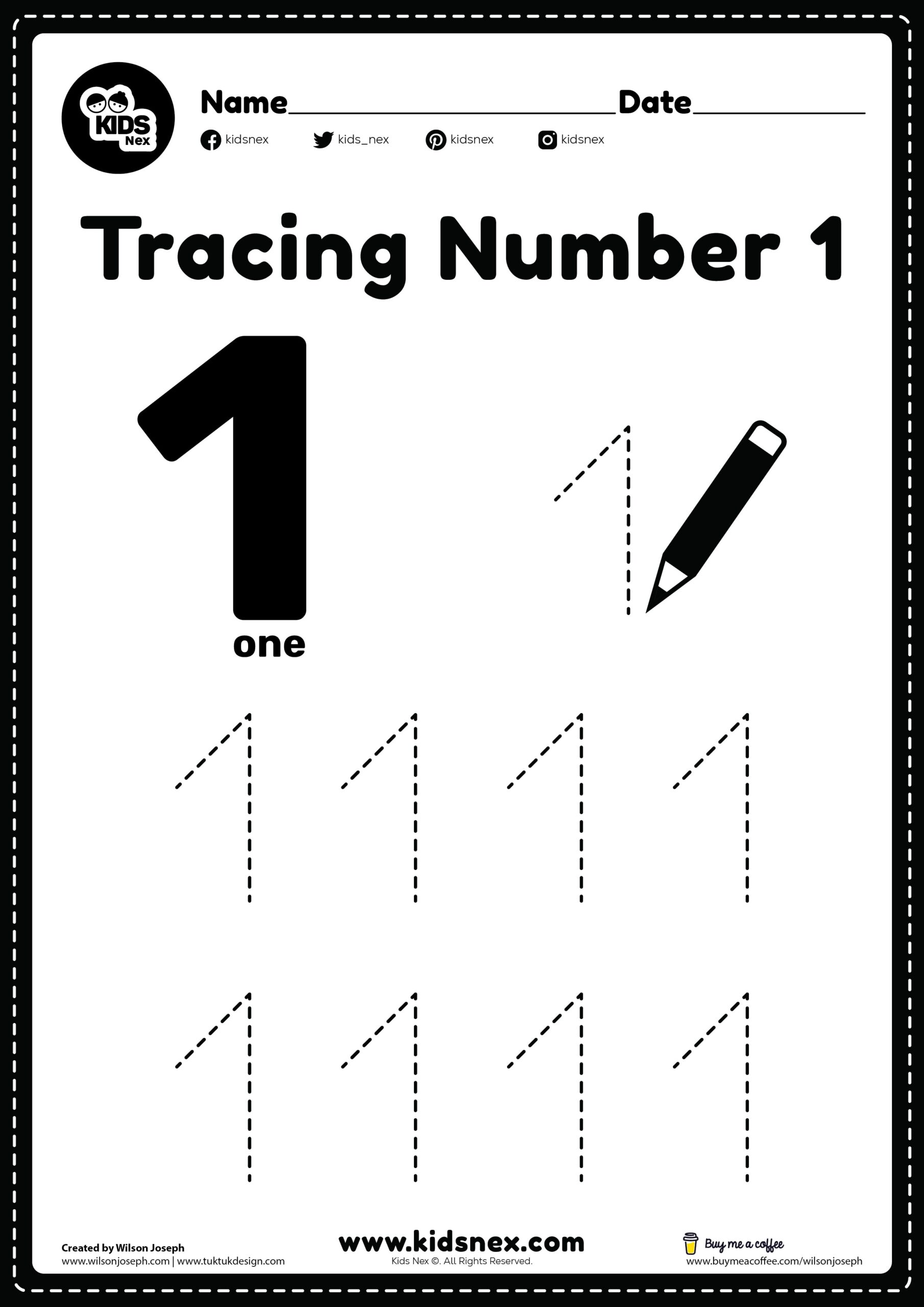 Tracing Number 1 Worksheet Free Printable KidsNex Tracing Number 1 Worksheet Free Printable KidsNex